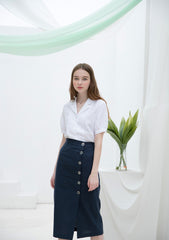 High-Waisted Linen Midi Skirt with Side Button Closure and Clean Tailored Silhouette