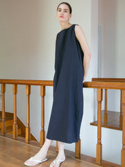 Sleeveless A-Line Midi Dress in Breathable Linen with Seam Detail and Back Zip Closure