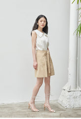 High-Waisted Linen Blend Shorts with Self-Tie Belt and Pleated Front Detailing
