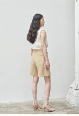 High-Waisted Linen Blend Shorts with Self-Tie Belt and Pleated Front Detailing
