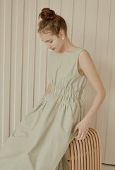 Sleeveless Gathered Waist Linen Midi Dress with Flared Skirt and Minimalist Silhouette