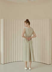 Sleeveless Gathered Waist Linen Midi Dress with Flared Skirt and Minimalist Silhouette