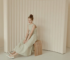 Sleeveless Gathered Waist Linen Midi Dress with Flared Skirt and Minimalist Silhouette