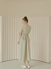 Sleeveless Gathered Waist Linen Midi Dress with Flared Skirt and Minimalist Silhouette