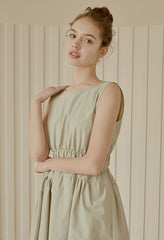 Sleeveless Gathered Waist Linen Midi Dress with Flared Skirt and Minimalist Silhouette