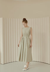 Sleeveless Gathered Waist Linen Midi Dress with Flared Skirt and Minimalist Silhouette