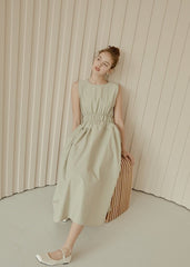Sleeveless Gathered Waist Linen Midi Dress with Flared Skirt and Minimalist Silhouette