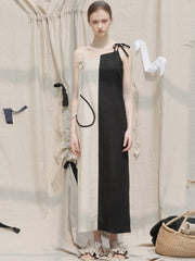 Asymmetrical Linen Maxi Dress with Spaghetti Straps and Dual-Tone Contrast Panel Design