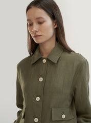 Cropped Linen Blazer with Button Front and Utility Pocket Detail