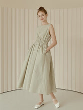 Sleeveless Gathered Waist Linen Midi Dress with Flared Skirt and Minimalist Silhouette
