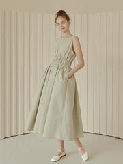 Sleeveless Gathered Waist Linen Midi Dress with Flared Skirt and Minimalist Silhouette