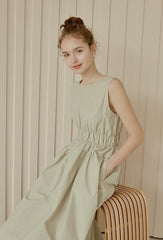 Sleeveless Gathered Waist Linen Midi Dress with Flared Skirt and Minimalist Silhouette