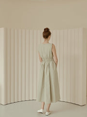 Sleeveless Gathered Waist Linen Midi Dress with Flared Skirt and Minimalist Silhouette