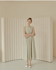 Sleeveless Gathered Waist Linen Midi Dress with Flared Skirt and Minimalist Silhouette