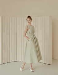 Sleeveless Gathered Waist Linen Midi Dress with Flared Skirt and Minimalist Silhouette