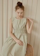 Sleeveless Gathered Waist Linen Midi Dress with Flared Skirt and Minimalist Silhouette