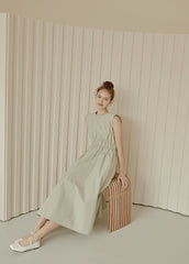Sleeveless Gathered Waist Linen Midi Dress with Flared Skirt and Minimalist Silhouette