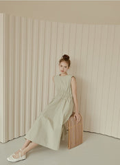 Sleeveless Gathered Waist Linen Midi Dress with Flared Skirt and Minimalist Silhouette