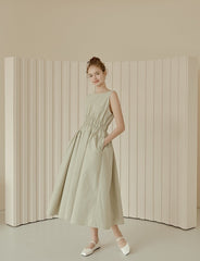 Sleeveless Gathered Waist Linen Midi Dress with Flared Skirt and Minimalist Silhouette