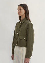 Cropped Linen Blazer with Button Front and Utility Pocket Detail