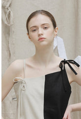 Asymmetrical Linen Maxi Dress with Spaghetti Straps and Dual-Tone Contrast Panel Design