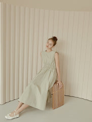 Sleeveless Gathered Waist Linen Midi Dress with Flared Skirt and Minimalist Silhouette