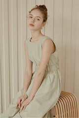 Sleeveless Gathered Waist Linen Midi Dress with Flared Skirt and Minimalist Silhouette