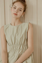 Sleeveless Gathered Waist Linen Midi Dress with Flared Skirt and Minimalist Silhouette