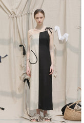 Asymmetrical Linen Maxi Dress with Spaghetti Straps and Dual-Tone Contrast Panel Design