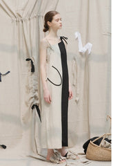 Asymmetrical Linen Maxi Dress with Spaghetti Straps and Dual-Tone Contrast Panel Design