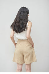 High-Waisted Linen Blend Shorts with Self-Tie Belt and Pleated Front Detailing