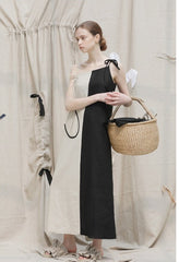 Asymmetrical Linen Maxi Dress with Spaghetti Straps and Dual-Tone Contrast Panel Design