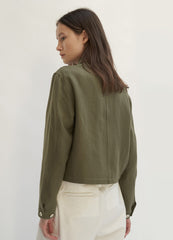 Cropped Linen Blazer with Button Front and Utility Pocket Detail