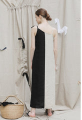 Asymmetrical Linen Maxi Dress with Spaghetti Straps and Dual-Tone Contrast Panel Design