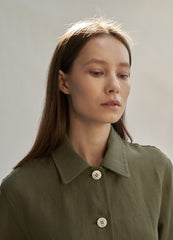 Cropped Linen Blazer with Button Front and Utility Pocket Detail