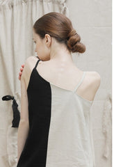 Asymmetrical Linen Maxi Dress with Spaghetti Straps and Dual-Tone Contrast Panel Design