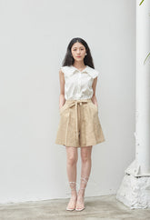 High-Waisted Linen Blend Shorts with Self-Tie Belt and Pleated Front Detailing
