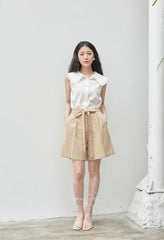 High-Waisted Linen Blend Shorts with Self-Tie Belt and Pleated Front Detailing