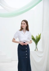 Linen Blouse with Notch Collar and Puff Sleeves for Lightweight Tailored Summer Elegance