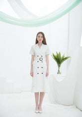 Double-Breasted Linen Midi Dress with Notch Lapel and Waist Tie for Sophisticated Summer Style