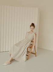 Sleeveless Linen Midi Dress with Square Neckline, Button Front, and Gathered Waist Detail