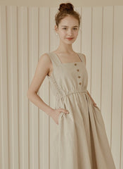 Sleeveless Linen Midi Dress with Square Neckline, Button Front, and Gathered Waist Detail