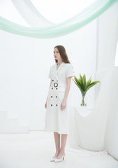 Double-Breasted Linen Midi Dress with Notch Lapel and Waist Tie for Sophisticated Summer Style