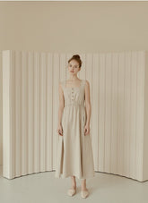 Sleeveless Linen Midi Dress with Square Neckline, Button Front, and Gathered Waist Detail