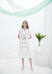 Double-Breasted Linen Midi Dress with Notch Lapel and Waist Tie for Sophisticated Summer Style