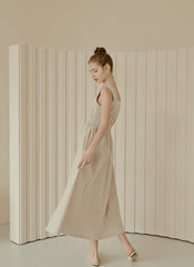 Sleeveless Linen Midi Dress with Square Neckline, Button Front, and Gathered Waist Detail