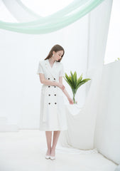 Double-Breasted Linen Midi Dress with Notch Lapel and Waist Tie for Sophisticated Summer Style