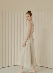 Sleeveless Linen Midi Dress with Square Neckline, Button Front, and Gathered Waist Detail