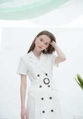 Double-Breasted Linen Midi Dress with Notch Lapel and Waist Tie for Sophisticated Summer Style