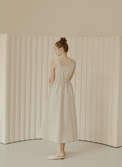 Sleeveless Linen Midi Dress with Square Neckline and Elastic Waist for Effortless Elegance